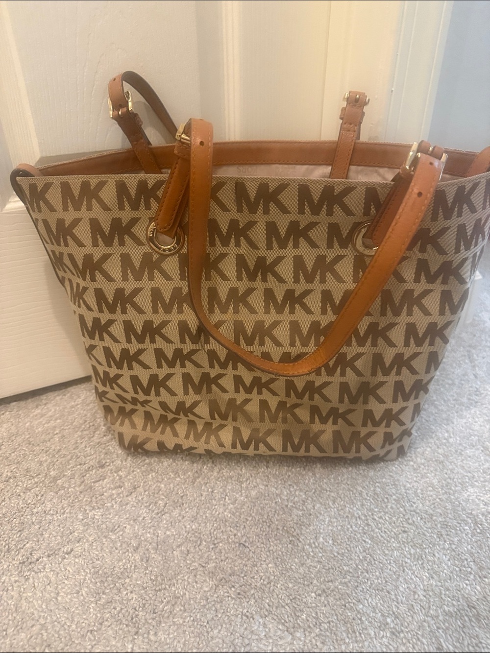 Michael Kors Monogram Canvas Tote in Brown and Tan
